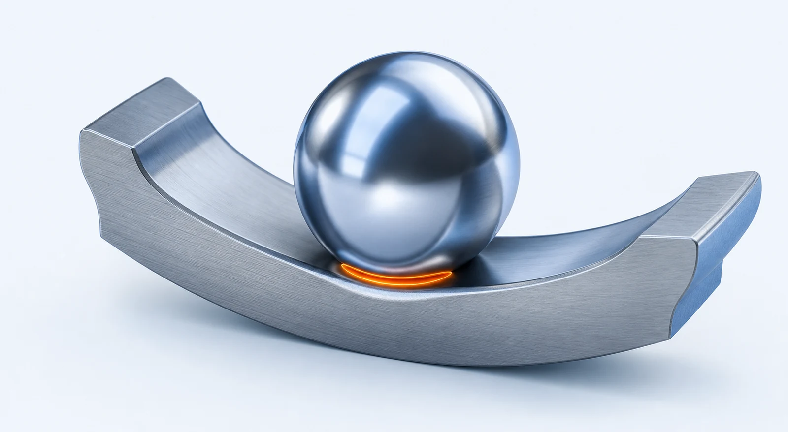 Three-dimensional rendering of a steel bearing ball pressed into a curved raceway with an orange elliptical contact patch